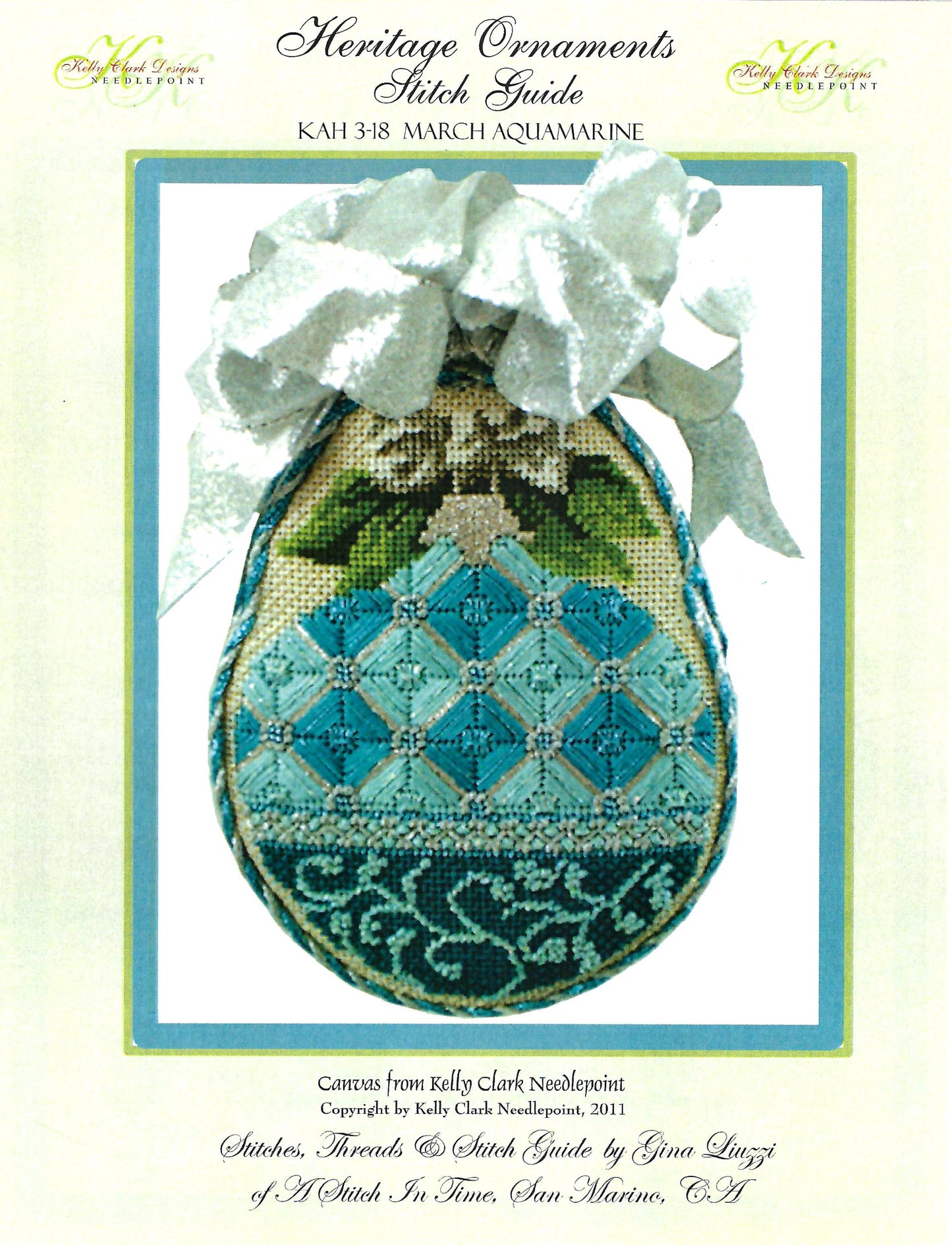 12 Months ~ Aquamarine for MARCH Monthly Ornament & STITCH GUIDE handpainted Needlepoint Canvas by Kelly Clark