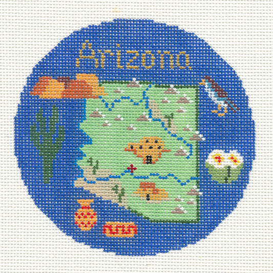 Travel Round ~ ARIZONA handpainted 4.25" round Needlepoint Canvas by Silver Needle