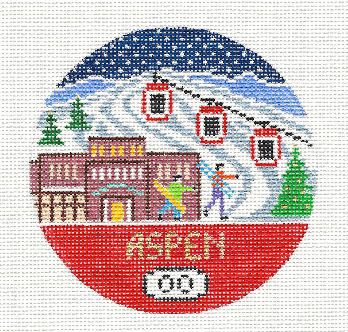 Ski Travel ~ Ski  ASPEN, COLORADO Winter handpainted Needlepoint 4" Rd. Ornament by Doolittle