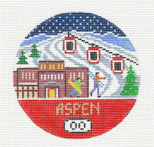 Ski Travel ~ Ski  ASPEN, COLORADO Winter handpainted Needlepoint 4" Rd. Ornament by Doolittle