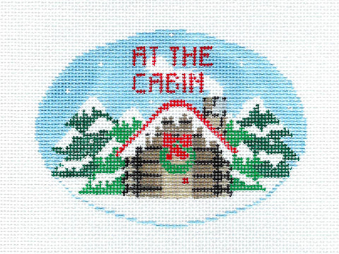 Oval ~ Christmas At The Cabin handpainted Oval Needlepoint Canvas by Kathy Schenkel
