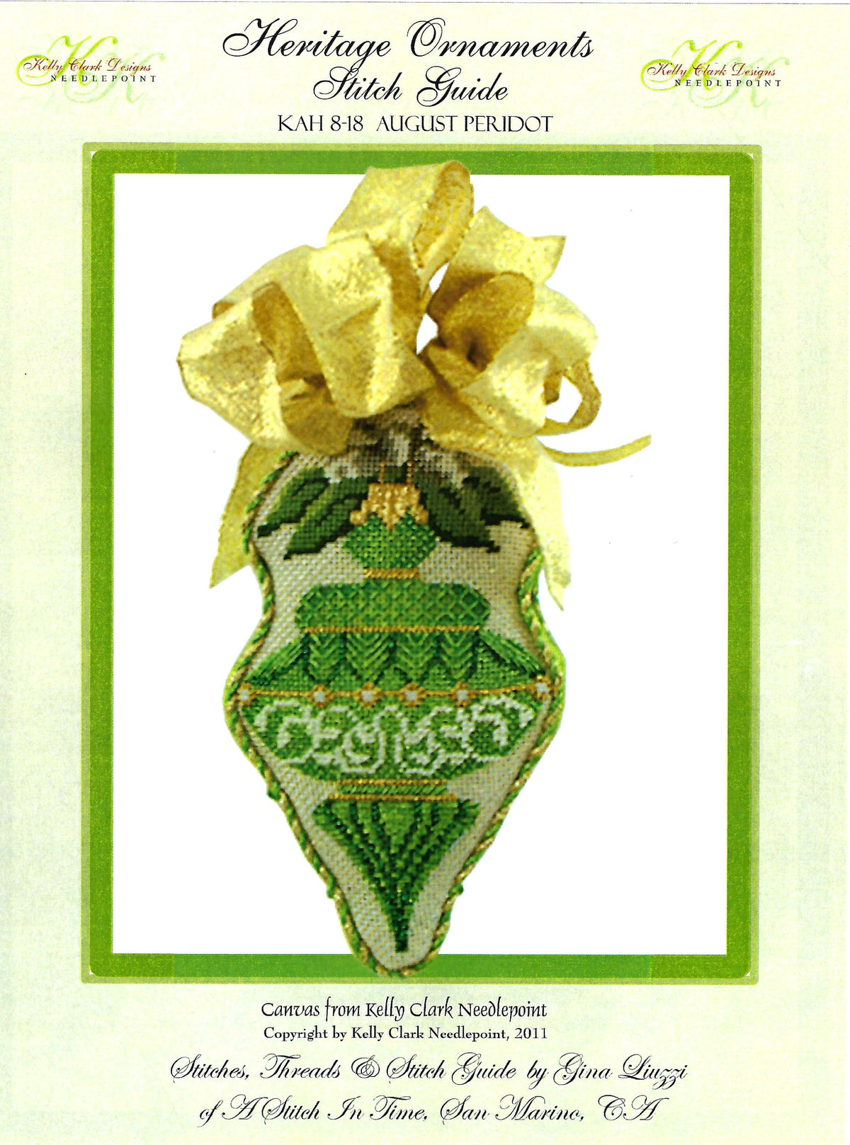 12 Months ~ AUGUST Monthly Peridot & Metallic Gold Ornament & Stitch Guide SET HP Needlepoint Canvas by Kelly Clark