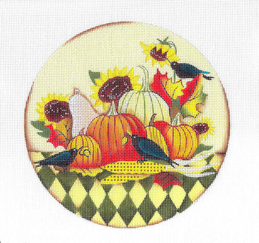 Autumn ~ Autumn Harvest with Crows handpainted 7" Rd. Needlepoint Canvas by Lynne Andrews