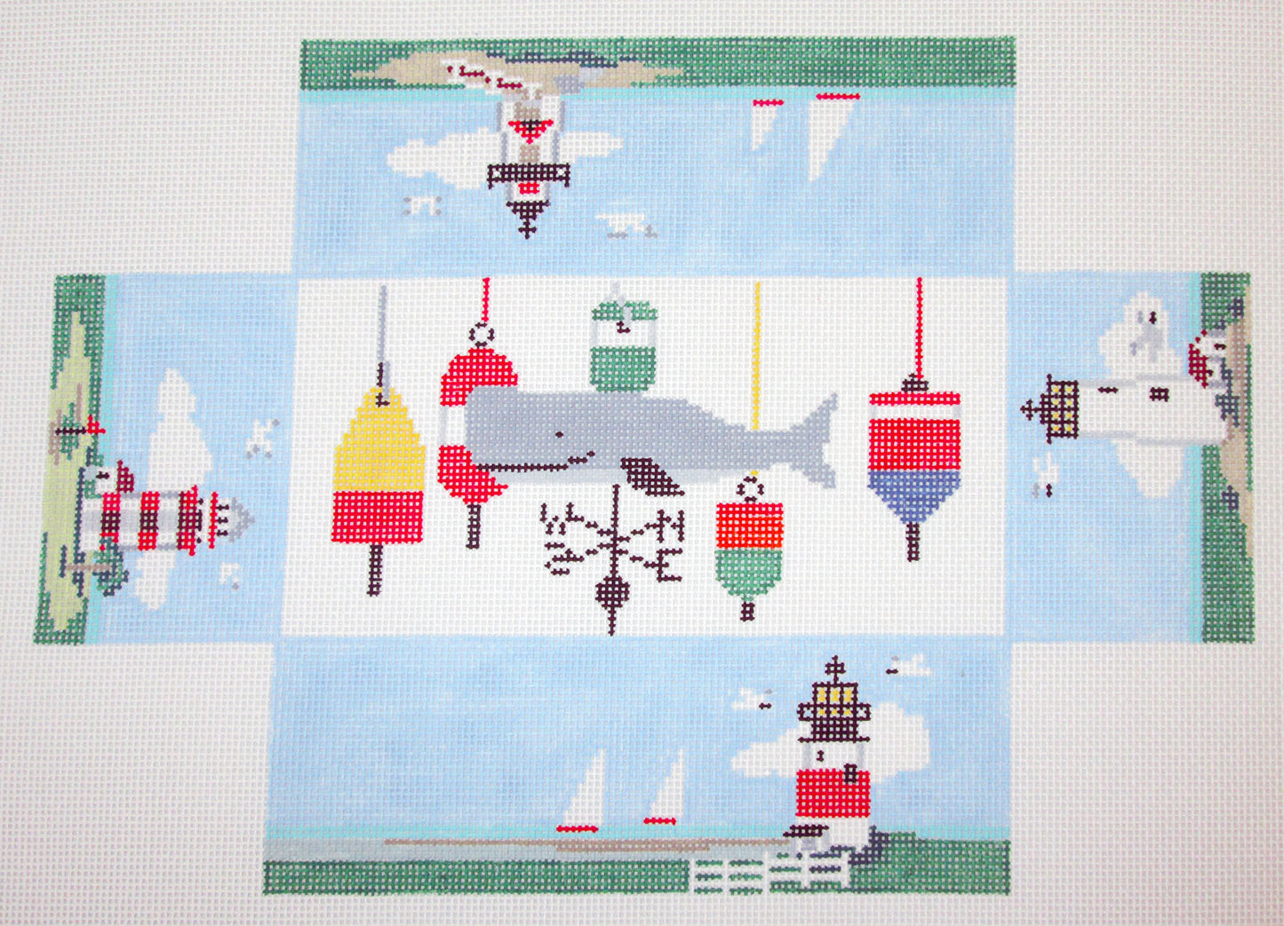 Brick Cover ~ Lighthouses & Lobster Buoys handpainted Needlepoint Canvas by Kathy Schenkel