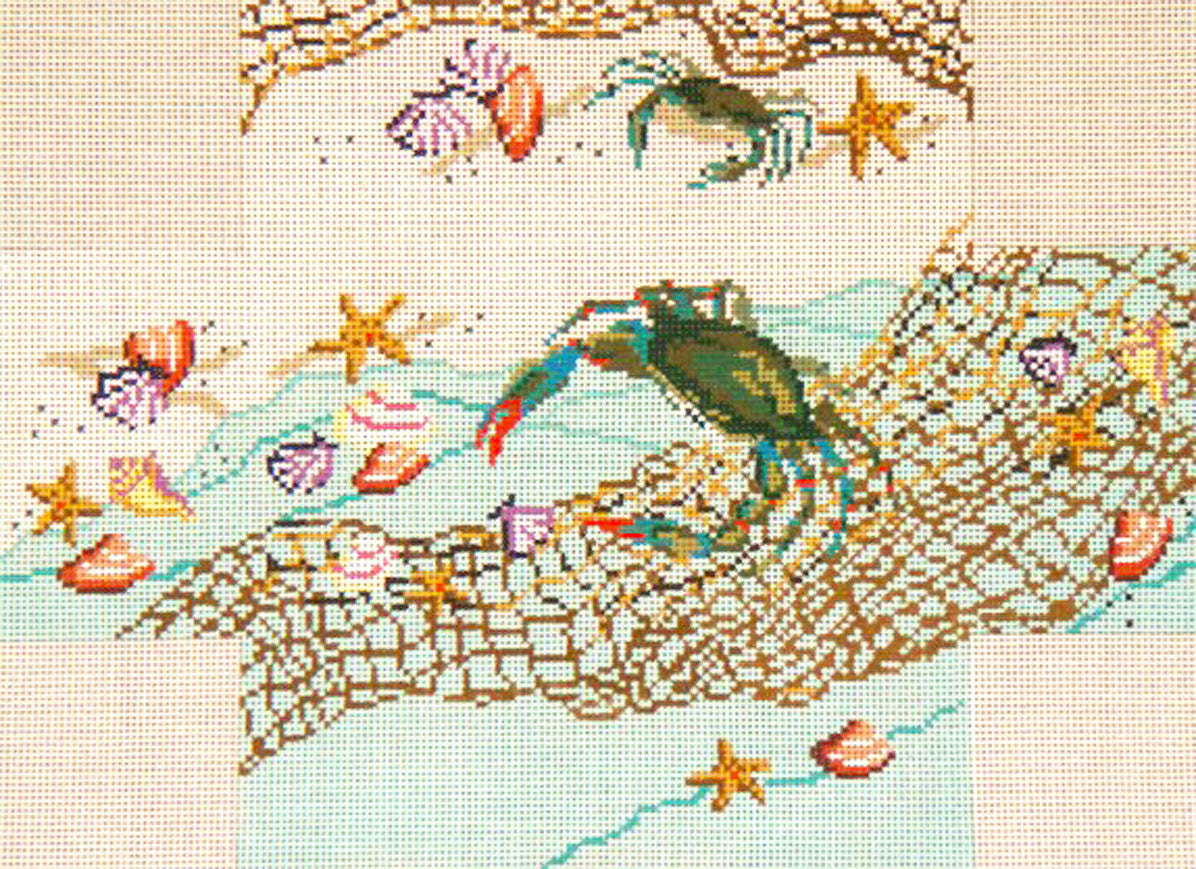 Brick Cover~Crab Net and Shells handpainted Needlepoint Canvas~by Needle Crossings