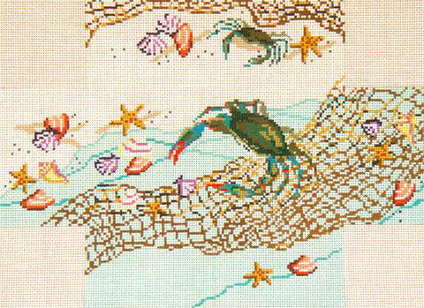 Brick Cover~Crab Net and Shells handpainted Needlepoint Canvas~by Needle Crossings