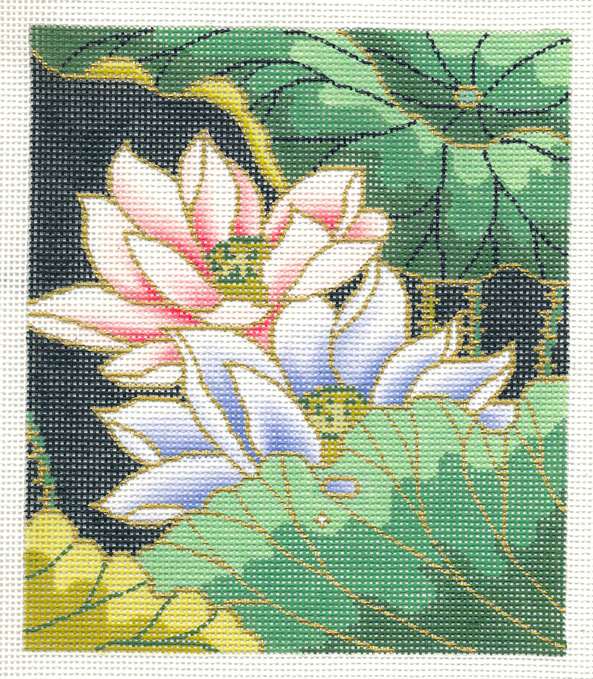 Floral Canvas ~ Oriental Lotus Blossom Garden 18 Mesh handpainted "BG" Insert Needlepoint Canvas by LEE