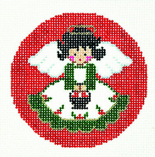 Round ~ Christmas Angel in Green & White handpainted 3" Rd. 18 Mesh Needlepoint Canvas Ornament by LEE