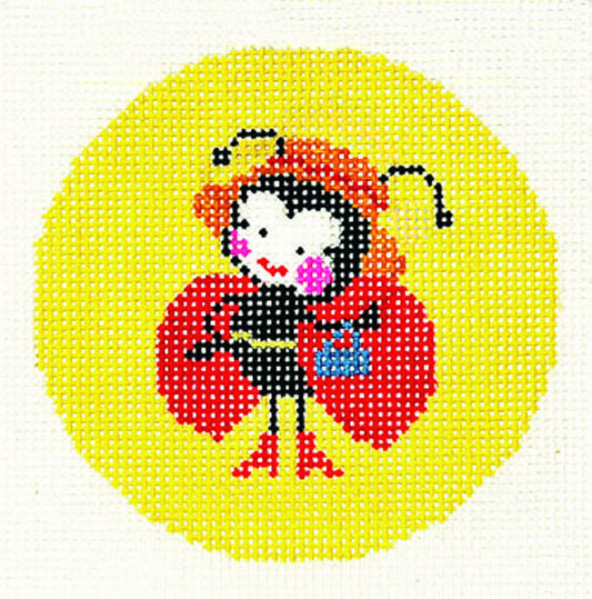 3" Round ~ Lady Bug on Yellow Background handpainted Needlepoint Canvas 3" RD. for Ornament or Insert