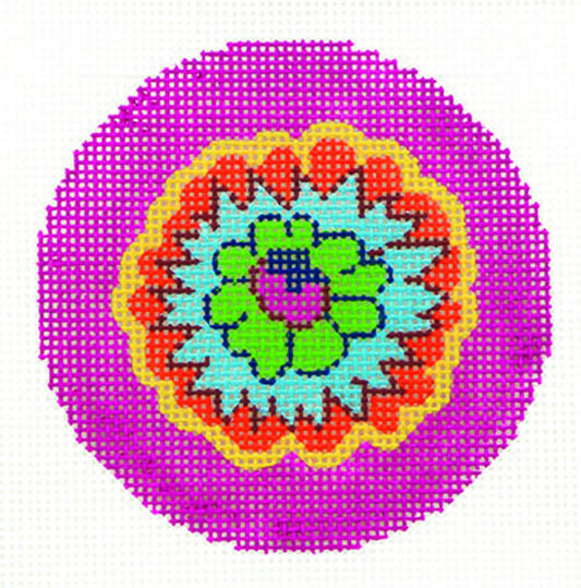 Round~LEE Fiesta Flower handpainted Needlepoint Canvas 3" Rd. Ornament