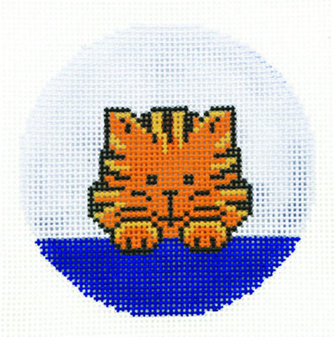 Round~LEE Adorable Kitty Cat Design handpainted Needlepoint Canvas 3" Rd. Ornament