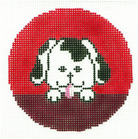 Dog Round ~ Adorable Puppy Dog Design handpainted Needlepoint Canvas 3" Rd. Ornament by LEE