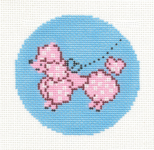 Round ~ Pink French Poodle on Blue Design handpainted 3" Rd. Needlepoint Canvas Ornament by LEE