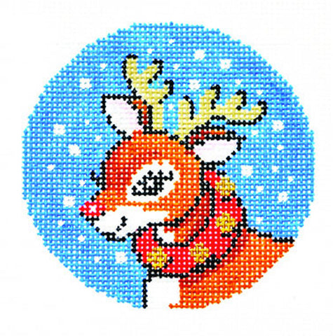 Christmas Round ~ Christmas Rudolph the Red Nose Reindeer handpaint 3" Rd. Needlepoint Canvas by LEE
