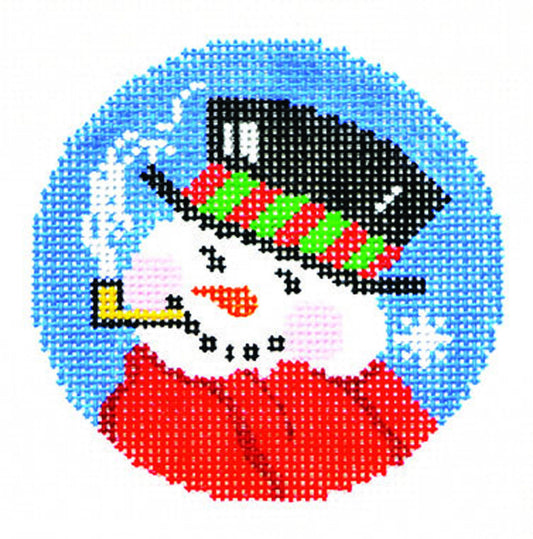 Round~LEE Snowman in Top Hat w/ Pipe handpainted Needlepoint Canvas 3" Rd. 18m