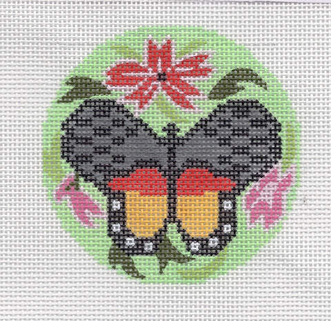 Round~LEE Elegant Green Multi-color Butterfly handpainted Needlepoint Canvas 3" Rd.