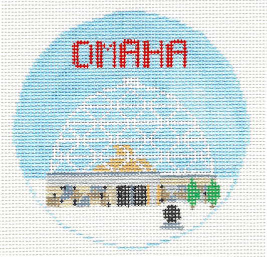 Travel Round ~ Omaha, Nebraska handpainted 18 Mesh 4" Needlepoint Ornament Canvas by Kathy Schenkel