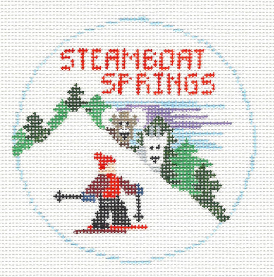 Travel Round ~ Steamboat Springs, Colorado handpainted Needlepoint Canvas by Kathy Schenkel