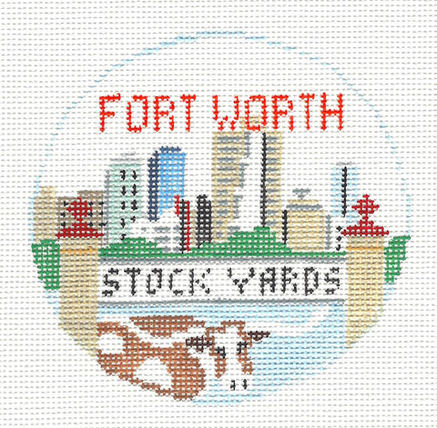 Travel Round ~ Fort Worth, Texas Stockyards Texas handpainted Needlepoint Canvas by Kathy Schenkel