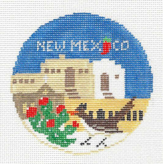 Travel Round ~ NEW MEXICO handpainted 18 Mesh 4" Rd. Needlepoint Ornament Canvas by Kathy Schenkel