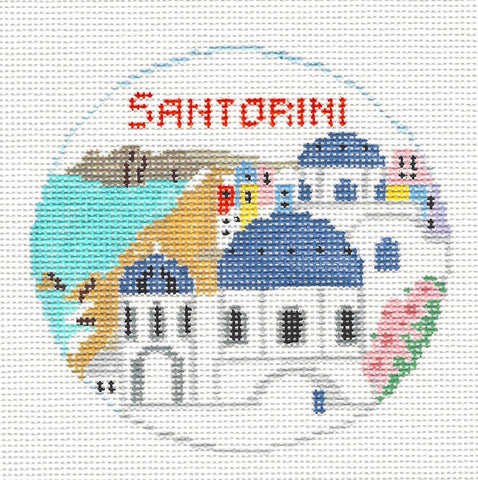 Travel Round ~ Santorini Island, Greece handpainted 4" Rd. Needlepoint Ornament Canvas by Kathy Schenkel