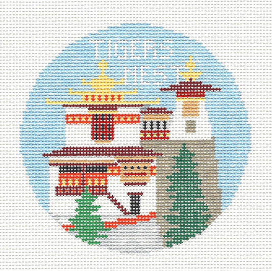 Travel Round ~ Tiger's Nest Monastery in Butan 4" Rd. 18 Mesh handpainted Needlepoint Canvas by Kathy Schenkel