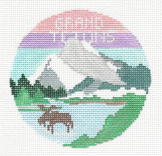 Travel Round ~ Grand Teton Mountains in Wyoming handpainted Needlepoint Canvas by Kathy Schenkel
