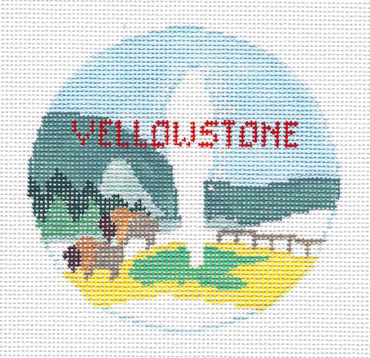 Travel Round ~ Yellowstone National Park in Wyoming handpainted 18 mesh 4" Rd. Needlepoint Canvas by Kathy Schenkel