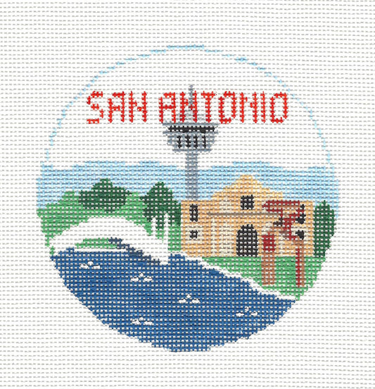 Travel Round ~ San Antonio, Texas handpainted 4" Rd. 18 Mesh Needlepoint Canvas by Kathy Schenkel