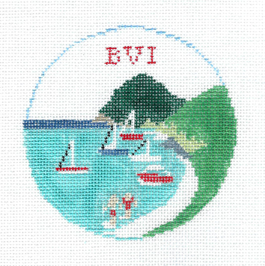 Travel Round ~ "BRITISH VIRGIN ISLANDS"  4" Rd. Ornament handpainted 18 mesh Needlepoint Canvas by Kathy Schenkel
