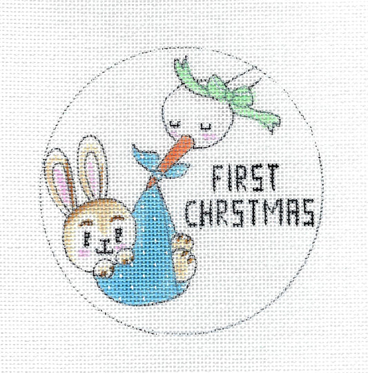 Christmas ~ Stork & Baby Boy Bunny 1st Christmas handpainted 18 Mesh Needlepoint Canvas by Alice Peterson
