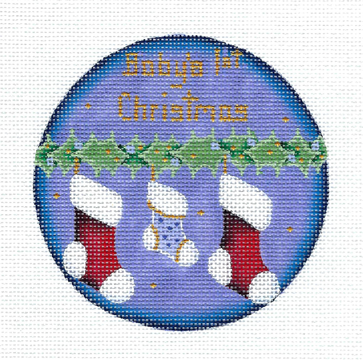 Baby Round ~ Baby Boy's First Christmas Booties 18 mesh handpainted 4" Rd. Needlepoint Canvas Rebecca Wood