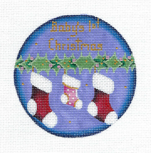 Baby Round ~ Baby Girl's First Christmas Booties handpainted Needlepoint Canvas Rebecca Wood