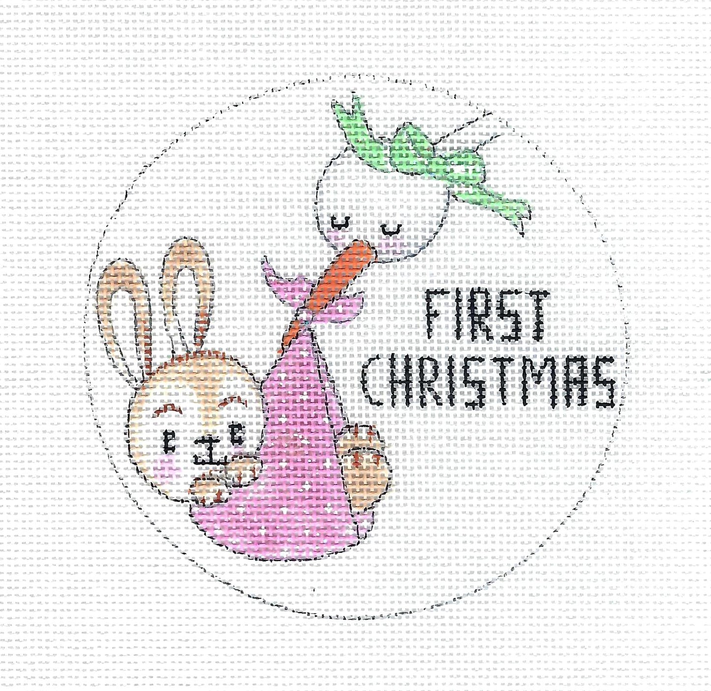 Christmas Round ~ Stork & Baby Girl Bunny 1st Christmas handpainted 18 Mesh Needlepoint Canvas by Alice Peterson