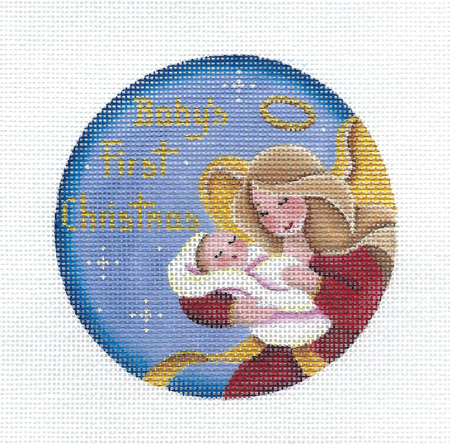 Baby Round ~ Angel Baby Girls's First Christmas handpainted Needlepoint Canvas Rebecca Wood