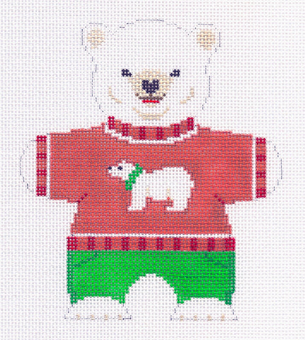 Child's Canvas ~ Polar Bear in Red Polar Bear Sweater handpainted Needlepoint Canvas by Susan Roberts