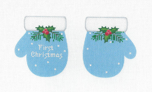 Baby's ~ Baby Boy's First Christmas Mittens ~ 2 Sided ~ Blue Mittens 18 Mesh handpainted Needlepoint Canvas by Pepperberry
