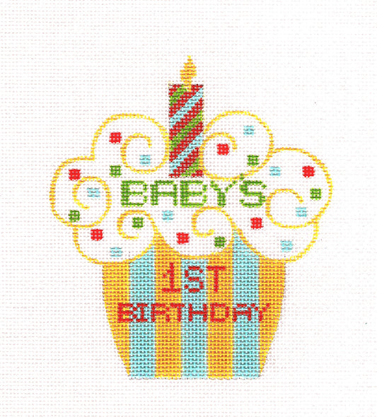 Baby ~ BABY'S 1st Birthday Cupcake 18 Mesh handpainted Needlepoint Ornament Canvas by CH Designs