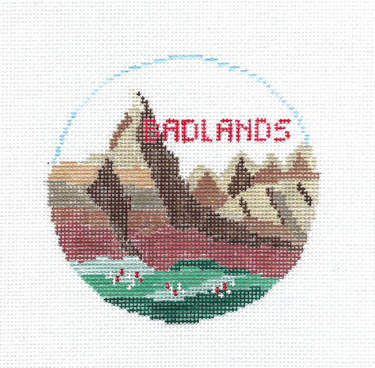 Travel Round ~ BADLANDS, SOUTH DAKOTA handpainted Needlepoint Canvas by Kathy Schenkel