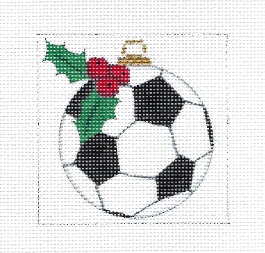 Sports ~ Soccer Ball with Holly handpainted 13 mesh 4" Square Needlepoint Canvas by Alice Peterson