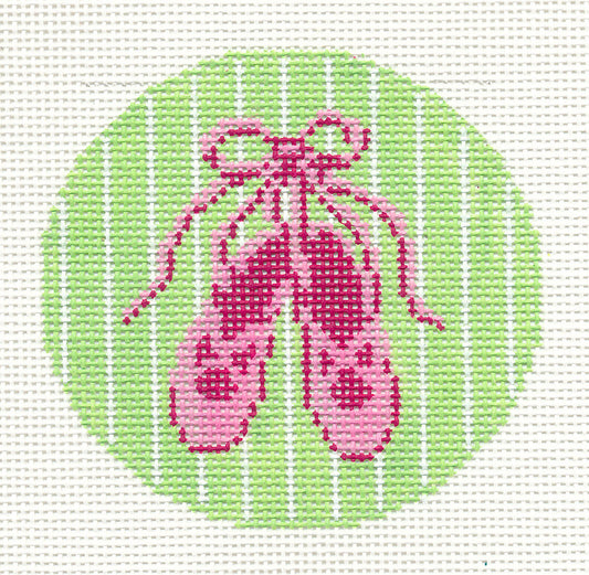 Round ~ Pink Ballet Slippers handpainted 18 Mesh Needlepoint Canvas 3" Rd. Ornament or Insert by LEE