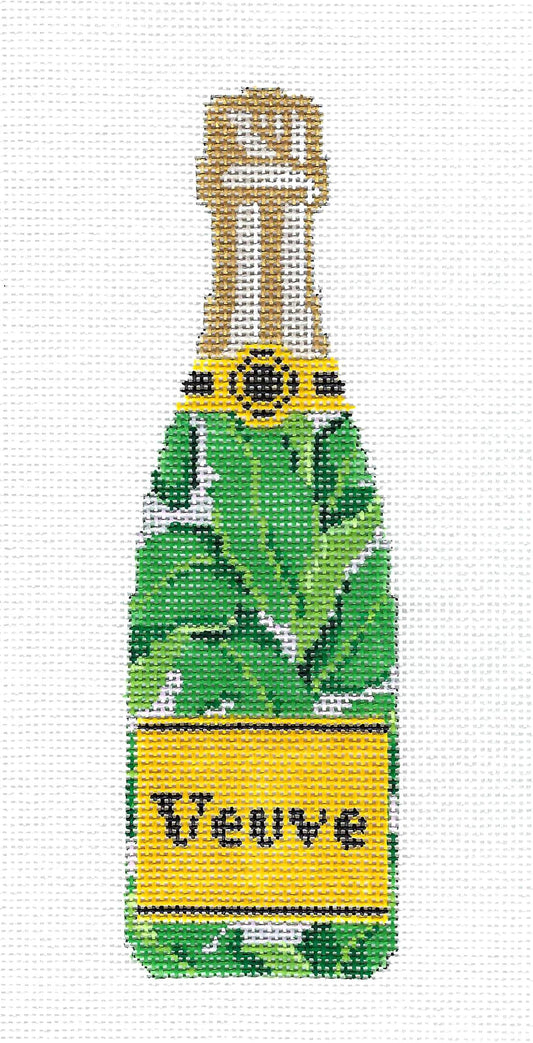 "Veuve" Single Champagne Bottle in Banana Print handpainted Needlepoint Canvas by C'ate La Vie