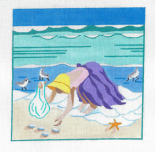 Beachside Canvas ~ Lady Gathering Seashells On The Beach handpainted Needlepoint Canvas by Kamala from Juliemar