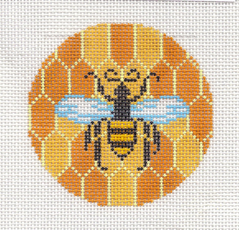 Round~ Honey Bee & Honey Comb handpainted Needlepoint Canvas Ornament  3" Rd. by LEE
