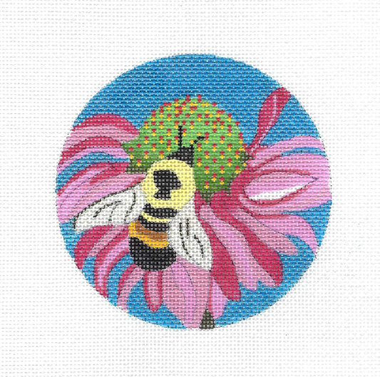 Bumble Bee on a Pink Cone Flower 4" Rd. Ornament handpainted 18 mesh Needlepoint Canvas by Melissa Prince
