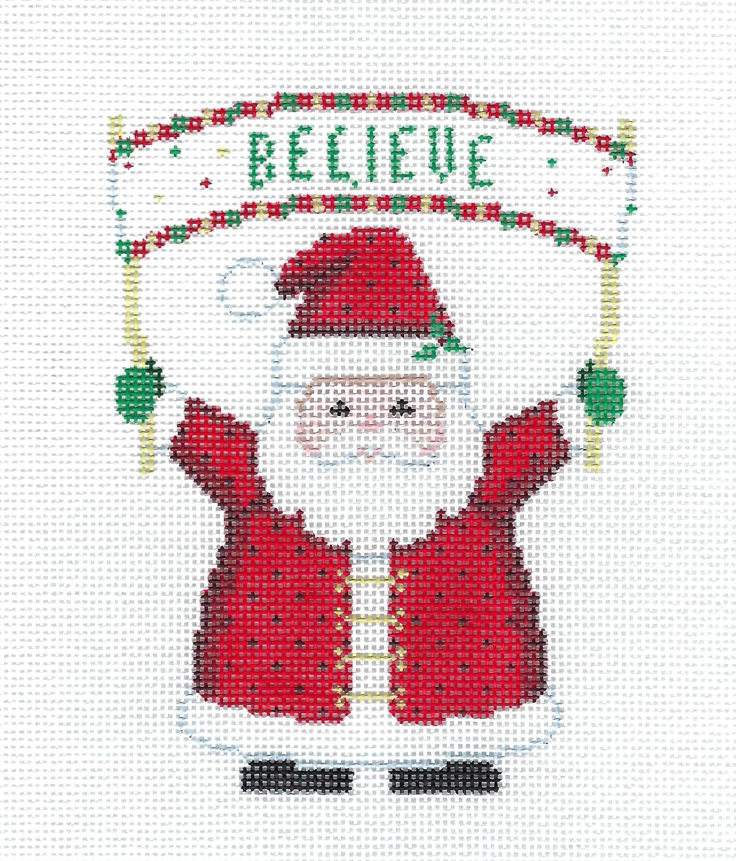 Christmas ~ Santa Claus with BELIEVE Banner Ornament handpainted Needlepoint Canvas by Susan Roberts