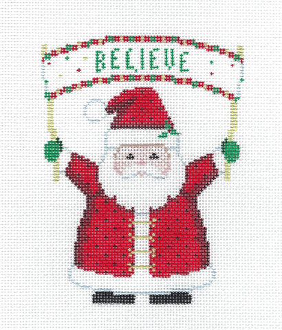 Christmas ~ Santa Claus with BELIEVE Banner Ornament handpainted Needlepoint Canvas by Susan Roberts
