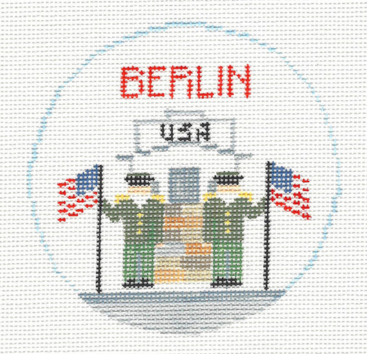 Travel Round ~ BERLIN, GERMANY "Checkpoint Charlie" HP Needlepoint Canvas by Kathy Schenkel RD.
