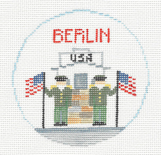 Travel Round ~ BERLIN, GERMANY "Checkpoint Charlie" HP 18 Mesh Needlepoint Canvas by Kathy Schenkel