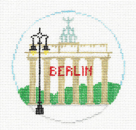 Travel Round ~ BERLIN, GERMANY Brandenburg Gate 18 Mesh handpainted 4" Rd. Needlepoint Canvas by Kathy Schenkel